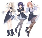  3girls back_cutout bare_legs black_dress blonde_hair blush breasts brown_hair brown_pantyhose choker cleavage clothing_cutout collarbone colored_eyelashes commentary_request dress earrings gakuen_idolmaster grey_pantyhose hair_ornament hairclip hataya_misuzu highres himesaki_rinami idolmaster jewelry long_hair long_sleeves looking_at_viewer mole mole_under_mouth multiple_girls open_mouth orange_eyes pantyhose purple_hair shinosawa_hiro short_hair simple_background sleeveless smile teizen_(niwamaee) white_background 