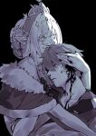  1boy 1girl anastasya_feodorovna_snezhnaya bad_end blood blood_on_face blue_headdress blue_tiara cradling_head death elbow_gloves fine_art_parody fur_trim gem genshin_impact gloves greyscale hand_on_another's_head head_hug highres hug ivan_the_terrible_and_his_son_ivan kokoshnik monochrome parody pointy_ears red_scarf scarf tartaglia_(genshin_impact) tiara traumatized uatiorthnab wide-eyed 