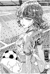  1girl 2026_fifa_world_cup absurdres arm_support ball breasts commentary curly_hair english_commentary flipped_hair highres kombat looking_back monochrome monster_energy one-punch_man panties side-tie_panties sitting small_breasts soccer soccer_ball soccer_field soccer_uniform soda solo sportswear stadium sweat tatsumaki telstar thong underwear wet world_cup 