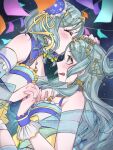  2girls bang_dream! bang_dream!_girls_band_party! blue_wrist_cuffs blush braid closed_eyes clothing_request commentary detached_sleeves embarrassed green_eyes green_hair hikawa_hina hikawa_sayo holding_hands incest interlocked_fingers kiss kissing_forehead multiple_girls rurunekoma siblings side_braids sisters twincest twins wrist_cuffs yuri 