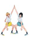  2girls aqua_skirt black_socks blonde_hair blue_eyes blue_hair collared_shirt color_coordination colored_inner_hair commentary_request grin highres kitahara_aoba kusunoki_aroma long_hair looking_at_viewer multicolored_hair multiple_girls open_mouth outstretched_arm pink_eyes pleated_skirt sawaranaide_kotesashi-kun school_uniform shinjou_takuya shirt shoes short_hair simple_background skirt smile socks standing twintails uwabaki white_background white_shirt yellow_skirt 