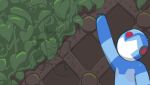  1boy arm_cannon blue_helmet commentary foliage forehead_jewel gillisk helmet highres in-universe_location male_focus meccha_chameleon mega_man_(series) mega_man_x1 mega_man_x_(series) name_connection solo_focus sting_chameleon_(mega_man) upper_body weapon x_(mega_man) 