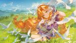  1girl aqua_eyes bird blue_sky braid braided_sidelocks bridal_gauntlets chinese_commentary closed_mouth commentary_request day finger_frame from_side head_tilt highres jacket logo long_hair looking_at_viewer md5_mismatch multi-tied_hair official_art orange_hair outdoors purple_jacket shu_bing sidelocks sigrika_(wuthering_waves) sitting sky smile solo tri_tails turning_head twin_braids very_long_hair white_bridal_gauntlets wuthering_waves 