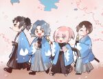  1girl 3boys :d ^_^ black_gloves black_hair black_hakama black_kimono black_scarf black_socks blue_haori brown_hair cherry_blossoms closed_eyes closed_mouth commentary_request dango day deformed extra_ears falling_petals fate/grand_order fate_(series) food from_side full_body giving_food gloves grey_hakama hair_between_eyes hair_over_one_eye hair_pulled_back hakama haori highres hijikata_toshizou_(fate) hijikata_toshizou_(teal_haori_and_hakama)_(fate) holding holding_food japanese_clothes katana kimono medium_hair multiple_boys multiple_swords okita_souji_(fate) okita_souji_(koha-ace) okita_souji_(teal_haori_and_hakama)_(fate) partially_fingerless_gloves petals pink_hair ponytail red_eyes saitou_hajime_(fate) saitou_hajime_(third_ascension)_(fate) sanshoku_dango scarf sheath sheathed shinsengumi_(fate) short_hair short_ponytail smile socks spring_(season) stirrup_footwear sword tree v-shaped_eyebrows wagashi walking waraji wavy_hair weapon white_kimono wide_sleeves yamanami_keisuke_(fate) yamanami_keisuke_(third_ascension)_(fate) yayayakan yellow_eyes 