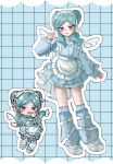  1girl alternate_costume apron aqua_hair beta_(inazuma_eleven) blue_background blue_dress blue_leg_warmers blush blush_stickers chibi chibi_inset commentary double_bun dress frilled_apron frills full_body hair_bun hand_up highres inazuma_eleven_(series) inazuma_eleven_go inazuma_eleven_go_chrono_stone leg_warmers maid_headdress multiple_views no_pupils open_mouth outline puffy_sleeves purple_eyes ribbon shoes smile white_apron white_outline white_ribbon white_shoes xxeuplectellaxx 