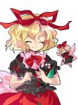  1girl alphes_(style) amo_(shibu3) april_fools black_shirt black_skirt blonde_hair closed_eyes closed_mouth commentary_request fairy hair_between_eyes hair_ribbon hands_up large_variant_set medicine_melancholy medium_hair parody puffy_short_sleeves puffy_sleeves red_ribbon red_skirt ribbon shirt short_sleeves simple_background skirt smile solo split_mouth style_parody su-san touhou upper_body variant_set white_background 