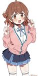  1girl :d ahoge blue_ribbon blue_skirt breasts brown_hair cardigan clenched_hand collared_shirt cowboy_shot dot_nose furrowed_brow gakuen_idolmaster gradient_hair hanami_ume hands_up happy highres idolmaster large_breasts light_blush long_hair long_sleeves looking_at_viewer multicolored_hair open_mouth orange_eyes pink_cardigan pleated_skirt puffy_sleeves red_hair ribbon school_uniform shirt shisoneri sidelocks simple_background skirt smile solo thighhighs thighs twitter_username wavy_hair white_background white_shirt white_thighhighs 
