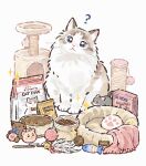  ? animal animal_focus blue_eyes box cat cat_teaser commentary english_commentary gentlecat highres mouse_(animal) no_humans original pet_food simple_background solo sparkle white_background yarn yarn_ball 