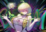  1girl 95hoody breasts clothing_cutout collarbone commentary elegg_(boom_and_shock)_(nikke) elegg_(nikke) english_commentary english_text game_controller_print goddess_of_victory:_nikke hair_intakes hair_over_eyes heart_cutout highres large_breasts long_bangs navel official_alternate_costume rabbit_choker rabbit_ornament see-through_clothes see-through_slingshot_swimsuit slingshot_swimsuit solo speech_bubble swimsuit text_background two-tone_slingshot_swimsuit upper_body yellow_slingshot_swimsuit 