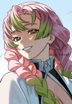  1girl artist_name blush braid breasts center_opening cleavage commentary demon_slayer_uniform gradient_hair green_eyes green_hair highres kanroji_mitsuri kimetsu_no_yaiba long_hair looking_at_viewer luv_chan55 mole mole_under_each_eye mole_under_eye multicolored_hair multiple_moles open_clothes partially_unbuttoned pink_hair smile solo twin_braids two-tone_hair 