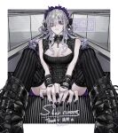 1girl :< absurdres black_nails boots breasts cleavage closed_mouth corset escalator from_below full_body highres knee_boots large_breasts long_hair looking_at_viewer nail_polish oki_charcoal original pinstripe_pattern punk purple_eyes purple_nails sitting sitting_on_stairs solo stairs thighhighs zipper 