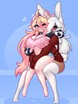  2girls ahoge animal_ears arm_around_shoulder bandaid bandaid_on_knee bandaid_on_leg blonde_hair blue_eyes breasts closed_eyes commentary dark-skinned_female dark_skin denim denim_shorts english_commentary flying_sweatdrops futa_with_female futanari hair_between_eyes hair_over_one_eye heart highres horizontal_pupils horns hug hug_from_behind large_breasts limebreaker long_hair long_sleeves multicolored_hair multiple_girls navel one_eye_closed open_mouth original pink_hair rabbit_ears rabbit_girl rabbit_tail short_shorts shorts single_sleeve_past_fingers sitting sitting_on_lap sitting_on_person stomach_bulge streaked_hair sweat sweater tail thighhighs tongue white_hair 