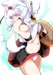  1girl animal_ears black_skirt black_undershirt blush breasts commentary_request covered_nipples cowboy_shot crop_top detached_sleeves ebido highres holding holding_shield holding_sword holding_weapon inubashiri_momiji large_breasts looking_at_viewer navel nose_blush open_mouth panties red_eyes red_trim ribs shield sideboob sideless_shirt skirt solo stomach sword tail touhou unaligned_breasts underwear weapon white_hair white_panties white_sleeves wolf_ears wolf_tail 