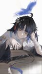  1girl absurdres ahoge animal_on_head bandaged_arm bandages bird bird_on_head black_hair closed_eyes closed_mouth commentary elyzerda facing_viewer feather_hair grey_background hand_up head_rest highres jacket on_head simple_background solo sword tacet_mark_(wuthering_waves) untranslatable_commentary weapon white_jacket wuthering_waves yangyang_(wuthering_waves) yangyang_(xuanling)_(wuthering_waves) 