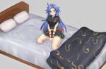  1girl absurdres arms_between_legs black_shirt black_skirt blue_eyes blue_hair blush breasts closed_mouth collarbone commentary_request full_body grey_background highres himemushi_momoyo indoors kneeling large_breasts long_hair looking_at_viewer mikotouca navel on_bed pillow shirt short_sleeves skirt solo touhou variant_set 