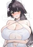 1girl absurdres arm_under_breasts azur_lane black_hair blush bow breasts brown_eyes cleavage clenched_teeth commentary_request criss-cross_halter dog dog_girl hair_bow halterneck high_ponytail highres huge_breasts long_hair marumai navel official_alternate_costume one-piece_swimsuit ponytail simple_background solo swimsuit takao_(azur_lane) takao_(beach_rhapsody)_(azur_lane) teeth upper_body white_background white_bow white_one-piece_swimsuit 