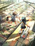 2girls absurdres bag barefoot black_hair brown_hair child flood grass highres holding holding_hands holding_shoes holding_unworn_clothes looking_ahead multiple_girls myango_(applemangocrape) original overgrown railing railroad_tracks running school_uniform shoes splashing suitcase train_station unworn_shoes wings 