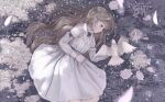  1girl bird black_bow black_ribbon blonde_hair bow collar commentary_request dated dress flower flower_bed frilled_collar frills highres jcj0125 jewelry key key_necklace lace-trimmed_dress lace_trim letter long_hair love_letter lying necklace on_floor on_side original parted_lips ribbon solo spring_(season) white_bird white_dress 