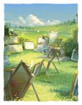  1girl absurdres bird border brown_hair cloud commentary_request dress easel field grass hand_on_lap highres hill medium_hair morncolour original painting_(object) scenery sitting solo sparkle tree white_border white_dress 