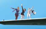  3girls absurdres aircraft airplane airplane_wing black_hair black_pantyhose blonde_hair blue_hair blue_hat blue_jacket blue_skirt breasts choker cielo_(nikke) commentary_request cropped_shirt doni_zefironi dragostea_din_tei goddess_of_victory:_nikke grey_jacket hand_up hat highres jacket jacket_on_shoulders large_breasts long_hair midriff multiple_girls navel neckerchief open_mouth outstretched_hand over_the_horizon_(nikke) pantyhose parody romanian_commentary scarf shirt shorts skirt sky_(nikke) smile sora_(nikke) thighhighs thighs twintails white_pantyhose white_scarf white_shirt white_shorts white_thighhighs yellow_neckerchief zettai_ryouiki 