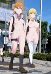  3girls absurdres backpack bag black_hair black_socks blonde_hair blue_jacket blue_sky blush breasts brown_shoes censored clothed_female_nude_female commentary_request commission dress egg_vibrator embarrassed exhibitionism full_body green_eyes grey_dress headphones headphones_around_neck heanna_sumire highres jacket kneehighs large_breasts long_hair long_sleeves love_live! love_live!_superstar!! medium_breasts multiple_girls naked_school_attendance naked_shoes navel neck_ribbon nipples nude orange_hair outdoors photo_background public_indecency public_nudity purple_eyes red_ribbon ribbon school_uniform sex_toy shibuya_kanon shoes sign skeb_commission sky socks sweatdrop thigh_strap thighhighs tree variant_set vibrator vibrator_in_thigh_strap vibrator_in_thighhighs wewe white_thighhighs yuigaoka_school_uniform 