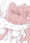  2girls blush closed_mouth commentary_request eye_contact hair_ribbon highres inoue_takina long_hair long_sleeves looking_at_another looking_to_the_side lycoris_recoil monochrome multiple_girls nishikigi_chisato one_side_up open_mouth pink_theme profile ribbon shirt short_hair sidelighting straight_hair tottoto_tomekichi turning_head upper_body yuri 