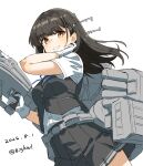  1girl absurdres bigkwl black_hair black_skirt black_vest blush brown_eyes buttons commentary cowboy_shot dated dated_commentary gloves grin hand_up hayashio_(kancolle) hayashio_kai_ni_(kancolle) highres kantai_collection long_hair looking_at_viewer miniskirt one-hour_drawing_challenge pleated_skirt rigging shirt short_sleeves simple_background skirt skirt_set smile solo twitter_username vest white_background white_gloves white_shirt 