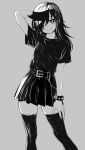  1girl :3 absurdres arm_behind_head arm_up belt_buckle bracelet breasts buckle closed_mouth grey_background greyscale hair_between_eyes hair_over_one_eye hand_on_own_thigh highres jewelry kuroki_tomoko long_hair looking_at_viewer monochrome one_eye_covered pleated_skirt shirt short_sleeves sidelighting simple_background skirt small_breasts solo spiked_belt spiked_bracelet spikes straight-on thighhighs watashi_ga_motenai_no_wa_dou_kangaetemo_omaera_ga_warui! xnandoneko zettai_ryouiki 