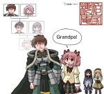  absurdres akemi_homura akemi_homura_(magical_girl) armor bow brown_hair cape commission crossover family_tree hair_ribbon highres kaname_junko kaname_madoka kaname_tomohisa kasuya_baian mahou_shoujo_madoka_magica pantyhose pink_hair rance rance_(series) red_bow red_eyes ribbon scared sill_plain skeb_commission tomoe_mami tomoe_mami_(magical_girl) 