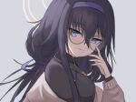 1girl black_hair black_shirt blue_archive blue_eyes brown_cardigan cardigan closed_mouth commentary from_side grey_background hair_between_eyes hair_ribbon hairband halo hand_up high_collar jewelry long_hair long_sleeves looking_at_viewer looking_to_the_side necklace off_shoulder purple_hairband purple_ribbon ribbon round_eyewear shirt simple_background smile solo turtleneck turtleneck_shirt ui_(blue_archive) wrightia yellow-framed_eyewear yellow_halo 