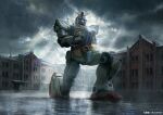  1other building commentary_request copyright_notice gundam mecha mobile_suit mobile_suit_gundam official_art on_one_knee outdoors person_on_hand rain realistic robot rx-78-2_gundam science_fiction v-fin yellow_eyes yokohama you_shimizu 