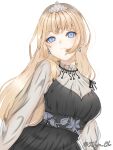  1girl black_dress blue_eyes breasts cleavage closed_mouth commentary dress earrings english_commentary highres hololive hololive_english jewelry large_breasts long_hair official_alternate_costume official_alternate_hairstyle see-through_clothes see-through_sleeves solo teardrop_earrings tiara virtual_youtuber watermark watson_amelia watson_amelia_(party_dress) xhy_illust 