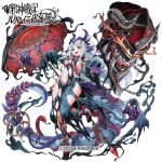  1girl breasts commentary_request dress familiar full_body ghost highres horns jashin_senki_r'lyeh_shoujotai komota_(kanyou_shoujo) long_hair looking_at_viewer medium_breasts monster_girl navel official_art open_mouth revealing_clothes slime_(substance) smile solo tail umbrella 