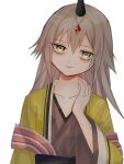  1girl bags_under_eyes comet543 eyebrows_visible_through_hair gem glaring grey_hair hands_on_own_neck horns japanese_clothes kureha_yuna long_hair magia_record:_mahou_shoujo_madoka_magica_gaiden magical_girl mahou_shoujo_madoka_magica messy_hair oni simple_background single_horn solo soul_gem white_background yellow_eyes 