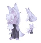  1boy 1girl adashino_adami animal animal_ears animalization armpit_carry bandages bandages_over_eyes black_skirt blood blood_on_bandages coat colored_blood commentary_request deformed dress fox fox_boy fox_ears fox_tail full_body grey_coat grey_hair hair_over_one_eye highres homicipher kemonomimi_mode mr._silvair multiple_views no_shirt omu_o22 pink_blood pink_eyes simple_background skirt tail weasel weasel_ears weasel_girl weasel_tail white_background white_dress white_hair 
