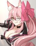  15melon 1girl animal_ear_fluff animal_ears bangs black_bodysuit blush bodysuit bow breasts center_opening choker cleavage fate/grand_order fate_(series) fox_ears fox_girl fox_shadow_puppet glasses hair_between_eyes hair_bow koyanskaya_(fate) large_breasts licking_lips long_hair looking_at_viewer one_eye_closed pink_bow pink_hair ponytail sidelocks smile tamamo_(fate) tongue tongue_out yellow_eyes 