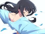  1girl alternate_costume back bare_shoulders black_hair blue_shirt closed_eyes closed_mouth commentary_request from_behind inoue_takina lycoris_recoil nii_manabu off-shoulder_shirt off_shoulder shirt signature simple_background smile solo upper_body white_background 