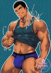  1boy :p abs absurdres balo_dqx_ff14 bara black_hair blue_background blue_male_underwear blue_tank_top briefs brown_eyes bulge clothes_lift commentary_request dark-skinned_male dark_skin facial_hair goatee goatee_stubble highres leg_hair male_focus male_underwear muscular muscular_arms muscular_male navel_hair original shirt_lift short_hair smile solo stubble tank_top thick_eyebrows thick_thighs thighs tongue tongue_out underwear v-shaped_eyebrows very_short_hair 