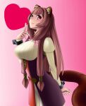  1girl absurdres animal_ear_fluff animal_ears arm_behind_back black_dress blunt_bangs blush breasts brown_hair collared_dress commentary_request dress from_side gradient_background hair_tubes hand_up heart high_collar highres large_breasts layered_dress long_hair long_sidelocks long_sleeves looking_at_viewer looking_to_the_side metal_hair_tubes metal_wrist_cuffs neck_ribbon pink_background pink_eyes pink_ribbon pinstripe_dress pinstripe_pattern raccoon_ears raccoon_girl raccoon_tail raphtalia red_dress ribbon short_dress sidelocks sleeveless sleeveless_dress solo standing straight_hair tail tanuki tate_no_yuusha_no_nariagari two-tone_dress variant_set white_dress yantaka 