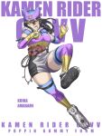  1girl animal_ears arm_strap armored_shoes black_hair black_shorts braid braided_sidelocks breasts character_name closed_mouth commentary copyright_name elbow_gloves fake_animal_ears fingerless_gloves full_body gloves grey_shorts hair_between_eyes hat henshin_belt_gavv highres hood hood_down hoodie jinri_shijie kamen_rider kamen_rider_gavv kamen_rider_gavv_(poppingummy_form) kamen_rider_gavv_(series) large_breasts long_hair looking_at_viewer mole mole_under_eye multicolored_gloves multicolored_hoodie multicolored_nails multicolored_thighhighs rider-tan shorts sidelocks simple_background sleeveless sleeveless_hoodie solo thigh_strap thighhighs tokusatsu tongue tongue_out two-tone_shorts uneven_eyes white_background yellow_eyes 