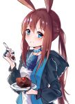  1girl :d amiya_(arknights) animal_ears arknights ascot bad_proportions blue_eyes blue_jacket brown_hair cake cherry choker eyebrows_visible_through_hair food fruit hands_up holding holding_spoon hood hood_down hoodie jacket jewelry open_mouth plate ponytail rabbit_ears ring shiny shiny_hair shirt sidelocks smile spoon upper_body white_background white_shirt yuriririril 