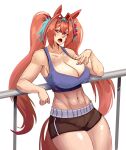  1girl against_railing annoyed black_shorts blue_sports_bra breasts brown_hair cleavage commentary cowboy_shot cupperexe daiwa_scarlet_(umamusume) fang highres large_breasts long_hair looking_to_the_side open_mouth pink_eyes railing shorts solo sports_bra sportswear twintails umamusume 