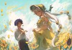  1boy 1girl alternate_costume arm_at_side bare_shoulders belt blue_sky blunt_ends bonnet bracelet braid braided_twintails breasts brown_pants character_request choppy_bangs closed_mouth cloud cloudy_sky couple dress earrings eyelashes falling_petals floral_print floral_print_dress flower flower_bracelet flower_earrings genshin_impact green_belt green_bonnet green_hairband hair_between_eyes hair_flower hair_intakes hair_ornament hairband hand_up happy_anniversary hetero highres holding_own_dress jewelry long_hair long_sleeves looking_at_another low-braided_long_hair low-tied_long_hair low_twintails median_furrow oc_x_canon offering_hand open_collar open_hand original outdoors pants parted_lips petals print_dress puffy_sleeves purple_eyes purple_hair reaching reaching_towards_another scaramouche_(genshin_impact) shirt shoulder_blades sky small_breasts sunflower tsurime twintails white_eyes white_hair white_mouth white_shirt white_trim yellow_dress yellow_flower yellow_petals yunhhj 