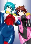  2girls :d allenby_beardsley blue_bodysuit blue_eyes blue_hair bodysuit breasts brown_hair commentary_request covered_navel covered_nipples earrings fuuki_(misty_wind) g_gundam green_eyes gundam hairband impossible_bodysuit impossible_clothes jewelry large_breasts latex looking_at_viewer mecha_pilot_suit mobile_trace_suit multicolored_bodysuit multiple_girls open_mouth pink_bodysuit rain_mikamura red_bodysuit shiny_clothes short_hair simple_background skin_tight skindentation smile 