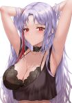  1girl absurdres armpits arms_up azur_lane bangs black_bra black_choker blush bra breasts choker cleavage closed_mouth clothes_pull collarbone crop_top hands_in_hair highres ichikushi_mojibake large_breasts looking_at_viewer mole mole_on_breast multicolored_hair parted_bangs red_eyes red_hair silver_hair simple_background sleeveless streaked_hair tallinn_(azur_lane) tallinn_(nostalgic_pilsner)_(azur_lane) two-tone_hair underwear white_background 