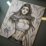  1girl breasts brown_hair cleavage closed_mouth commentary denim english_commentary gauntlets long_hair looking_at_viewer marker_(medium) photo_(medium) sara_pezzini shikishi signature solo stanley_lau stomach strapless traditional_media tube_top upper_body white_tube_top witchblade_(comic) 