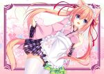  1girl :3 animal_ears apron argyle_clothes argyle_skirt blonde_hair blue_eyes breasts commentary_request cowboy_shot dutch_angle fang frilled_apron frills hair_ribbon hand_on_own_chest highres japanese_clothes kimono long_hair looking_at_viewer maid maid_apron maid_headdress medium_breasts open_mouth original pink_kimono red_ribbon ribbon sakuradukihina skin_fang smile solo tail thighhighs twintails very_long_hair wa_maid white_apron white_headdress white_thighhighs 