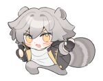  1boy animal_ears black_gloves black_jacket blush bottomless caelus_(honkai:_star_rail) chain chibi chibi_only chinese_commentary commentary_request fang fingerless_gloves full_body gloves gold_chain grey_fur grey_hair hair_between_eyes hands_up holding holding_weapon honkai:_star_rail honkai_(series) hood hooded_jacket jacket kemonomimi_mode lapels leonrui long_sleeves looking_at_viewer lowres male_focus open_clothes open_jacket open_mouth raccoon_ears raccoon_tail shirt short_hair simple_background skin_fang solo standing t-shirt tail tongue trailblazer_(honkai:_star_rail) v-shaped_eyebrows weapon white_background white_shirt yellow_eyes 