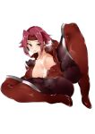  1girl absurdres blush bodysuit breasts code_geass green_eyes headband highres kallen_stadtfeld kobo_(cobo_0609) large_breasts lying open_clothes pussy red_bodysuit red_hair simple_background solo spread_legs thick_thighs thighs white_background 