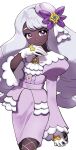  1girl absurdres ascot commentary_request dark-skinned_female dark_skin dot_att dress fishnets frilled_ascot frills glove_bow gloves gold_ring highres jacinthe_(pokemon) juliet_sleeves korean_commentary long_hair long_sleeves low_drills mega_stone pokemon pokemon_legends:_z-a puffy_sleeves purple_dress purple_eyes purple_hair smile solo very_dark_skin white_gloves 